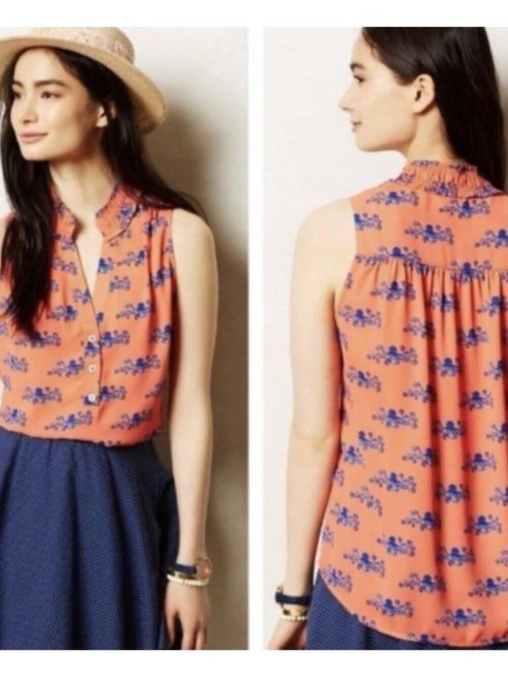 Maeve Blouse Sz 0 Coral Smocked Notch Sleeveless Octopus Anthropologie Top Blue